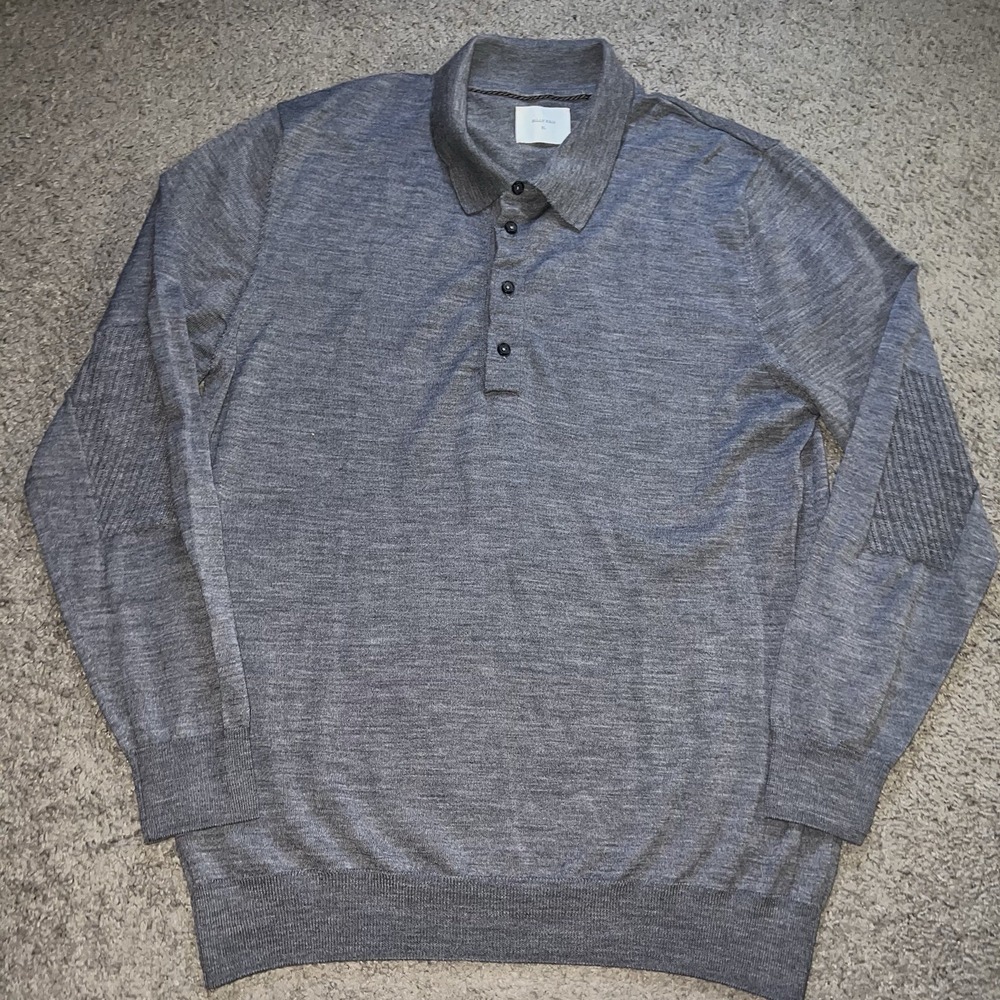 Billy Reid Sweater Mens L Gray Long Sleeve Merino Wool Elbow Patch Knit Polo
